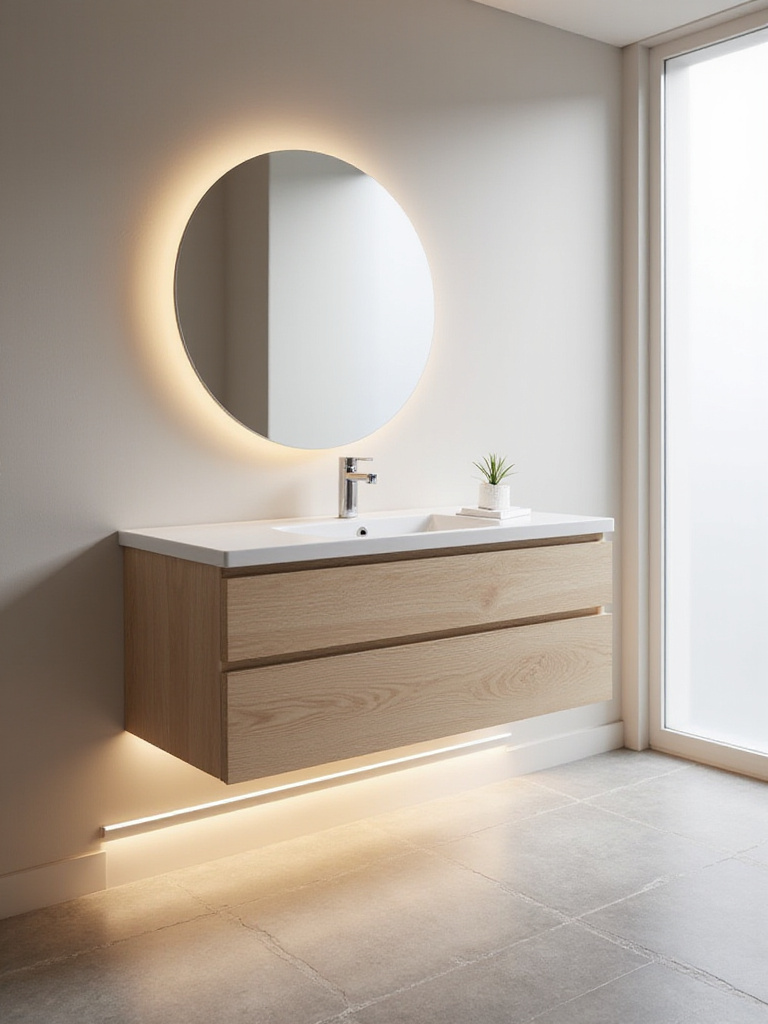 Modern bathroom with light oak floating vanity and LED lighting underneath