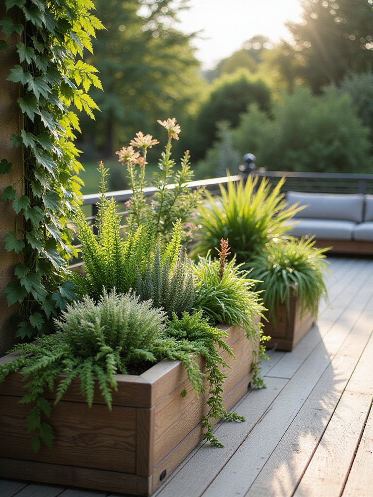 Lush green plants and colorful flowers decorate a modern wooden deck.