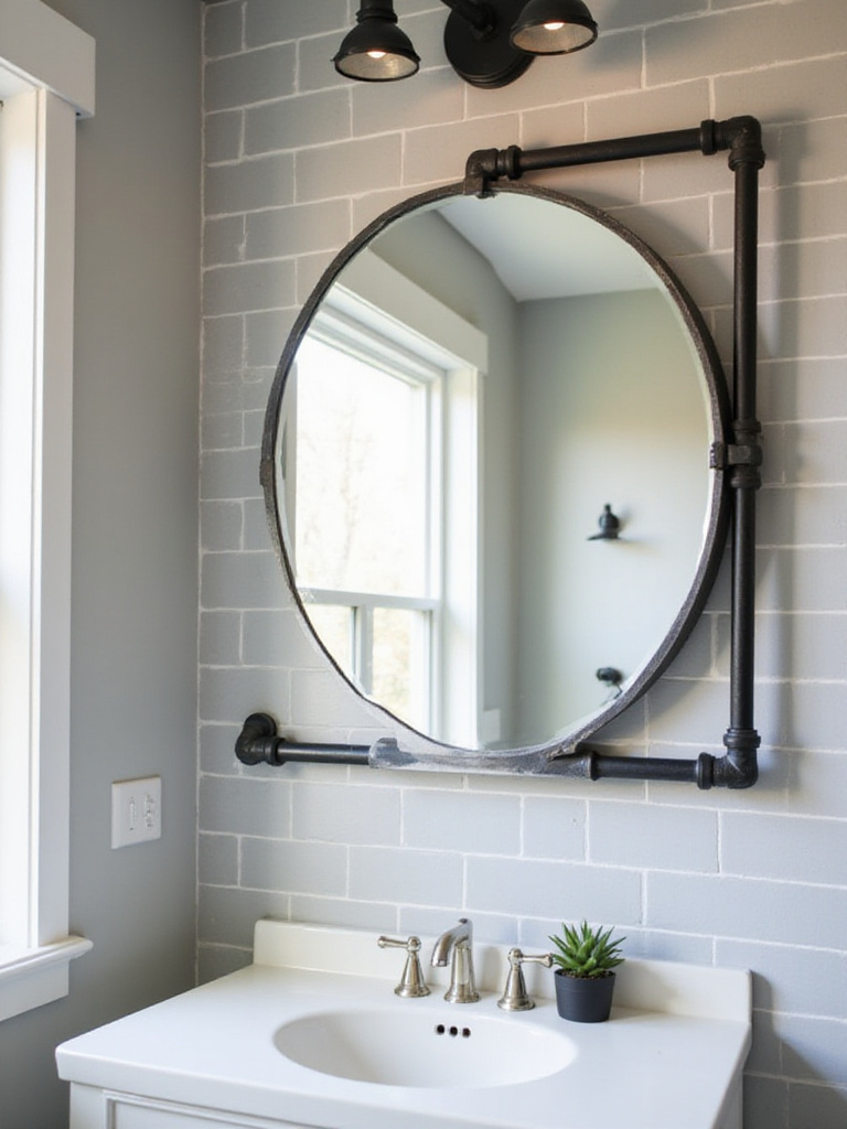 Bathroom mirror with black iron pipe frame, industrial chic style