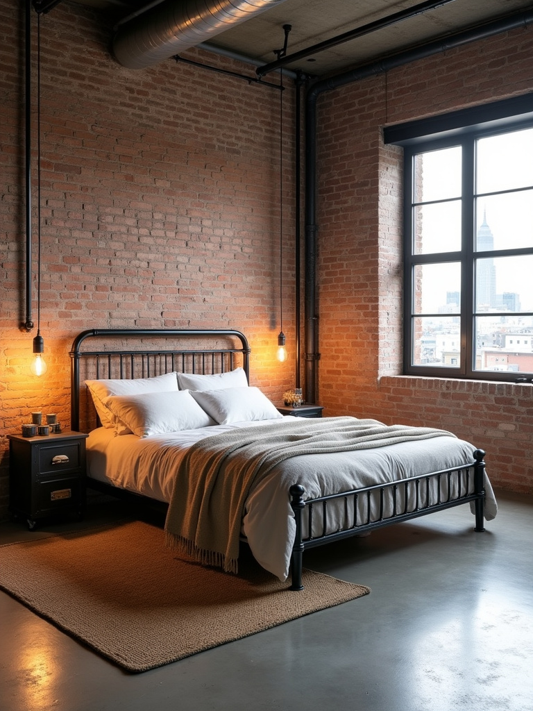 Industrial bedroom design with exposed brick and metal accents