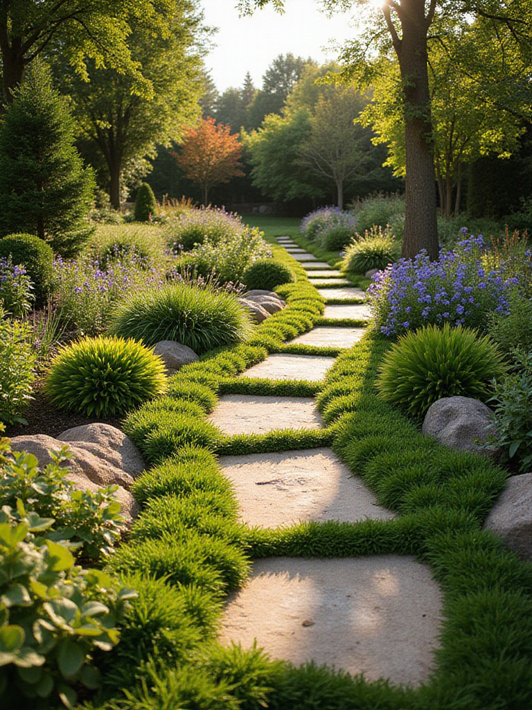 Lawn garden featuring groundcover alternatives to grass, including creeping thyme, clover, and sedum.
