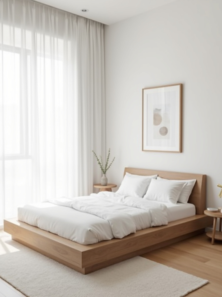 Minimalist white bedroom with platform bed, sheer curtains, and uncluttered decor.