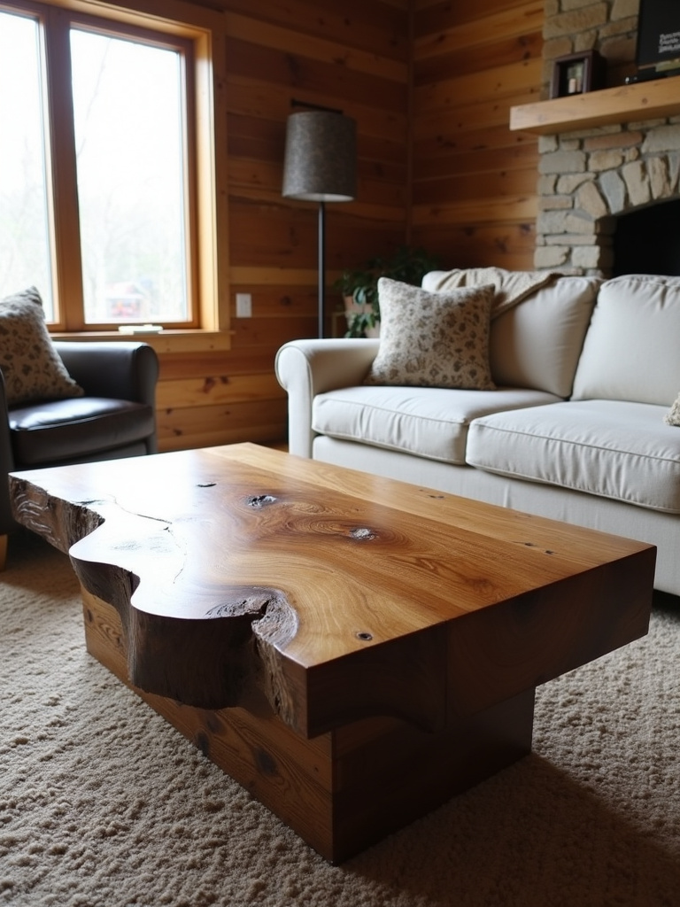 Rustic living room with natural wood furniture, featuring a live-edge coffee table and reclaimed wood accent wall.