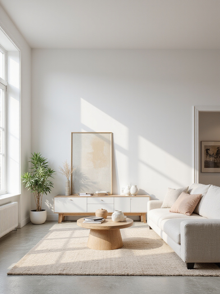 Modern living room with minimalist design and ample negative space.