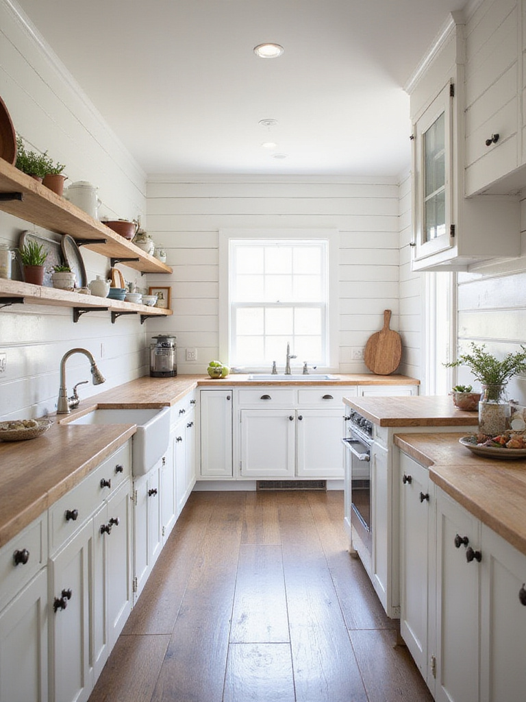 Farmhouse kitchen with white shiplap walls