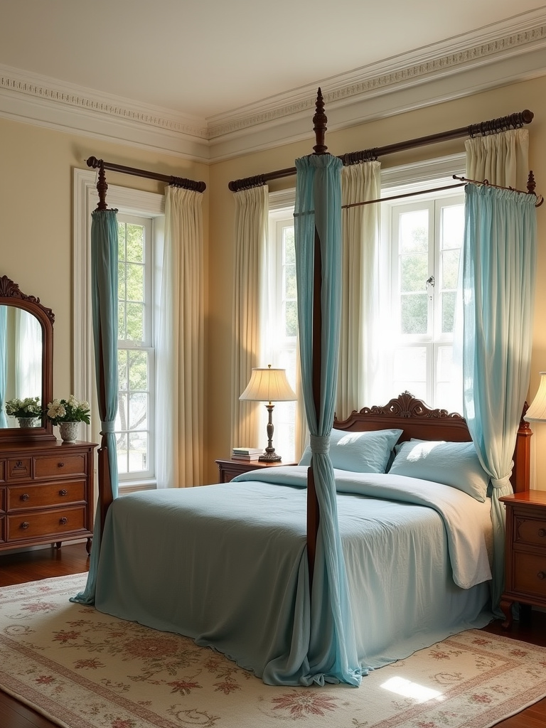 Traditional bedroom interior design with four-poster bed and antique furniture