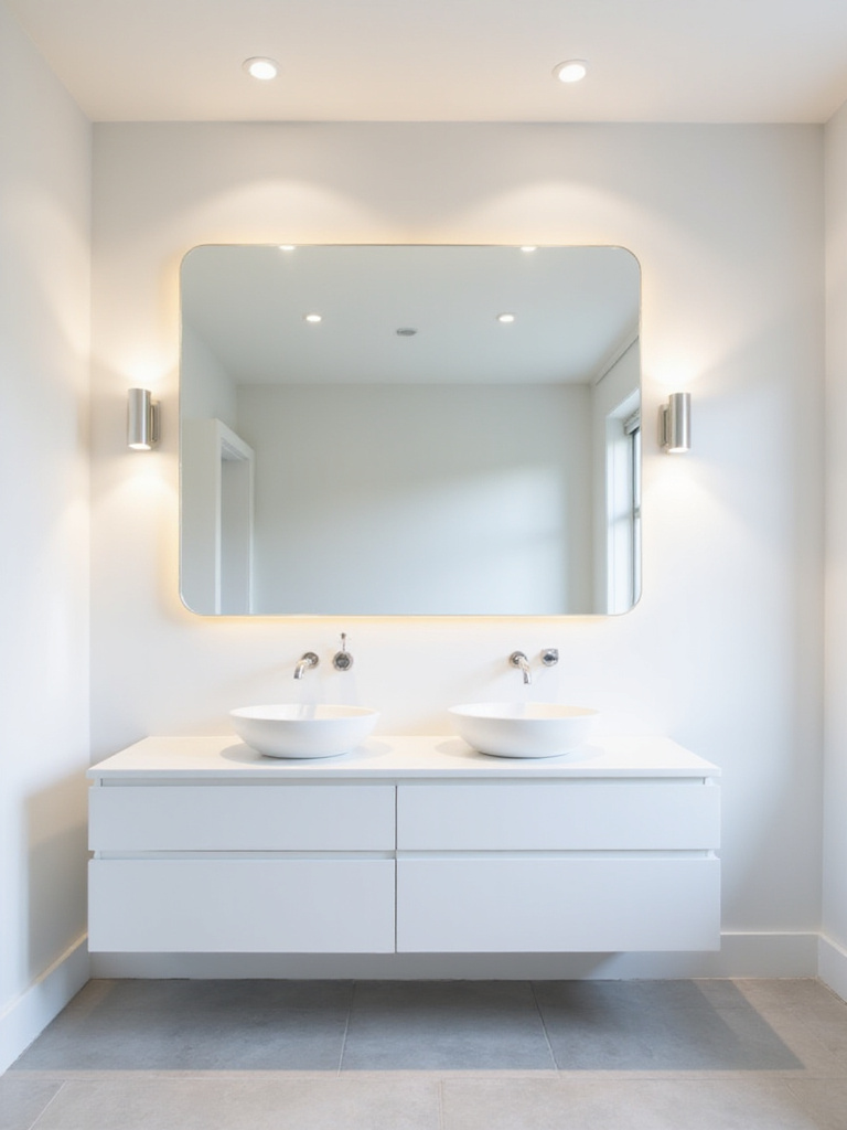 Modern bathroom with a large, frameless rectangular mirror above a floating vanity.
