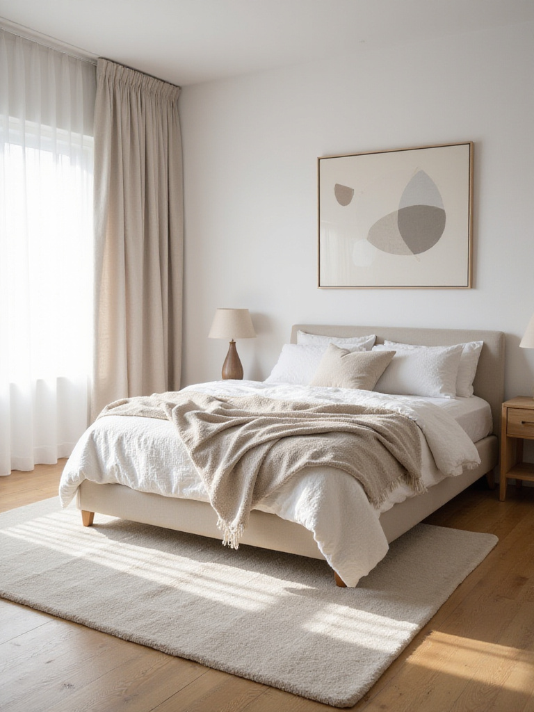 Calming neutral bedroom design for couples with white walls, beige bedding, and soft lighting.