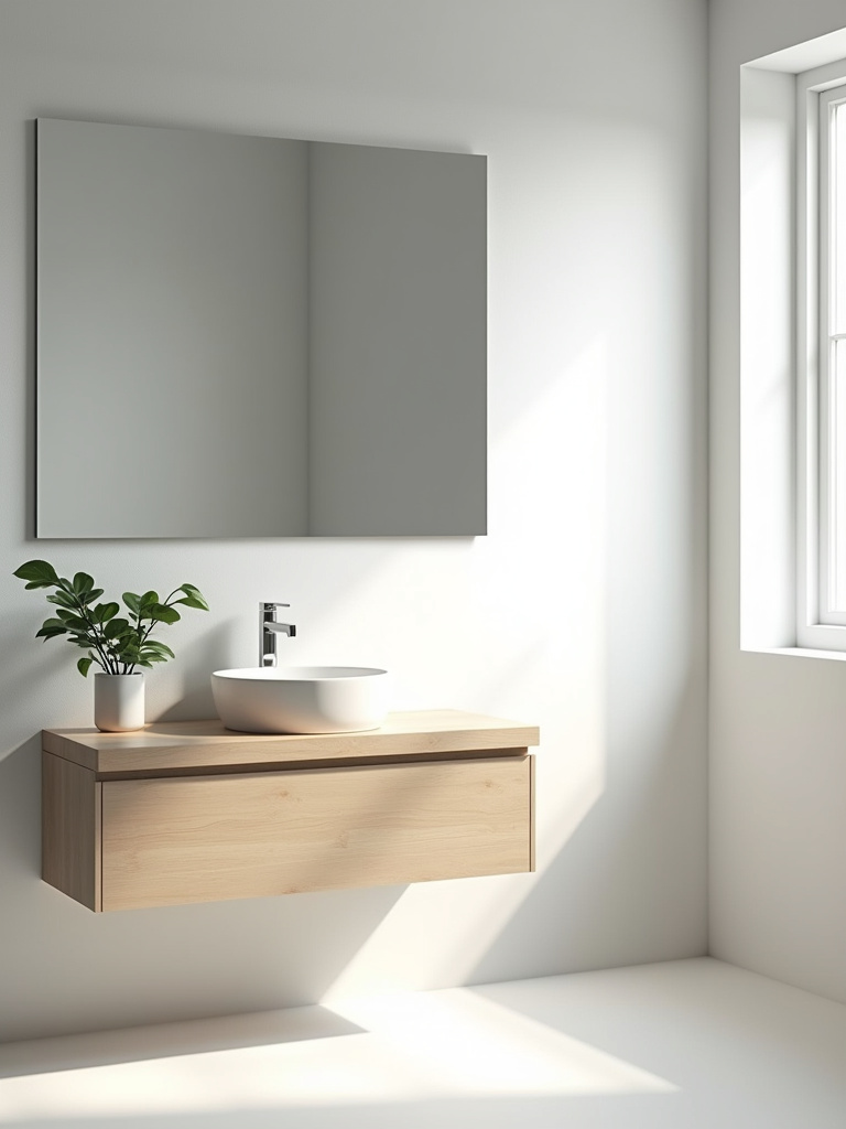 Minimalist bathroom design featuring a serene neutral color palette.