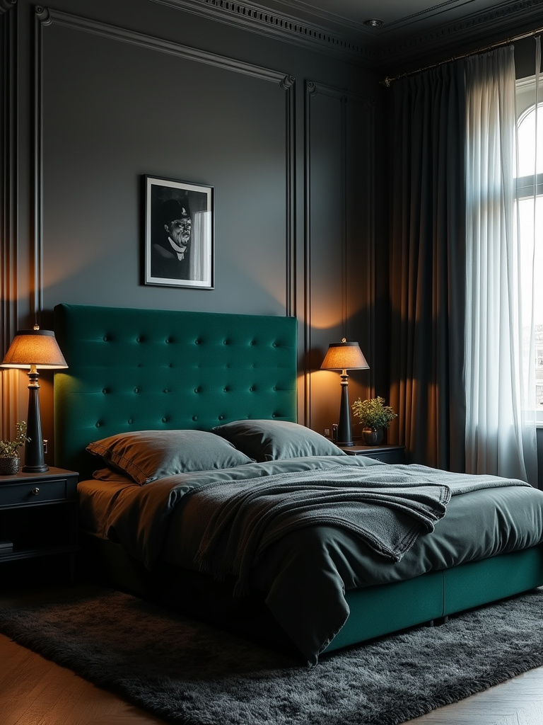 Moody and dark bedroom interior with charcoal gray walls, emerald green velvet headboard, and gold accents.