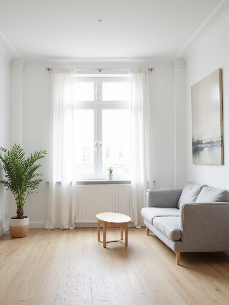 Minimalist apartment living room with white walls, gray sofa, and natural light.