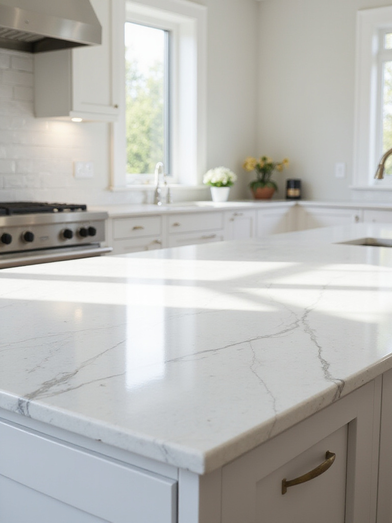 Modern kitchen island with white quartz countertop featuring subtle grey veining.