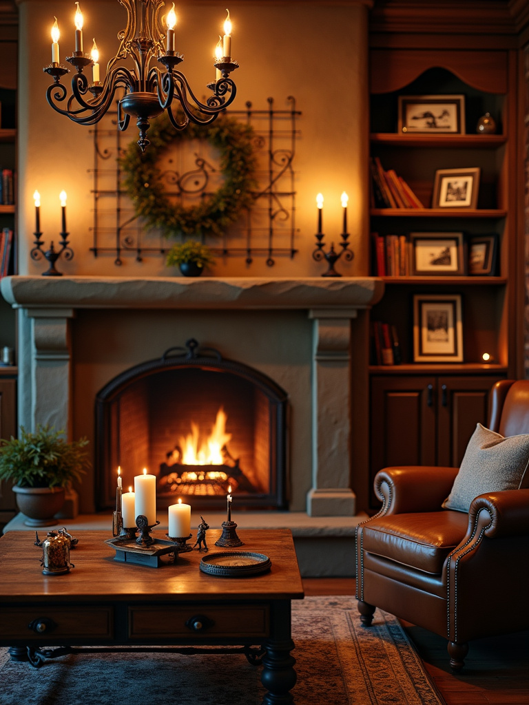 Rustic living room with wrought iron hardware and decorative accents, including a fireplace screen, chandelier, and cabinet pulls.