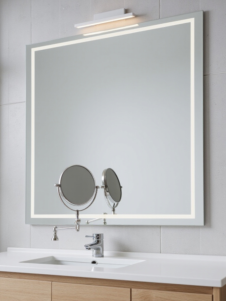 Bathroom vanity with a large mirror and a built-in magnifying mirror with LED lighting.