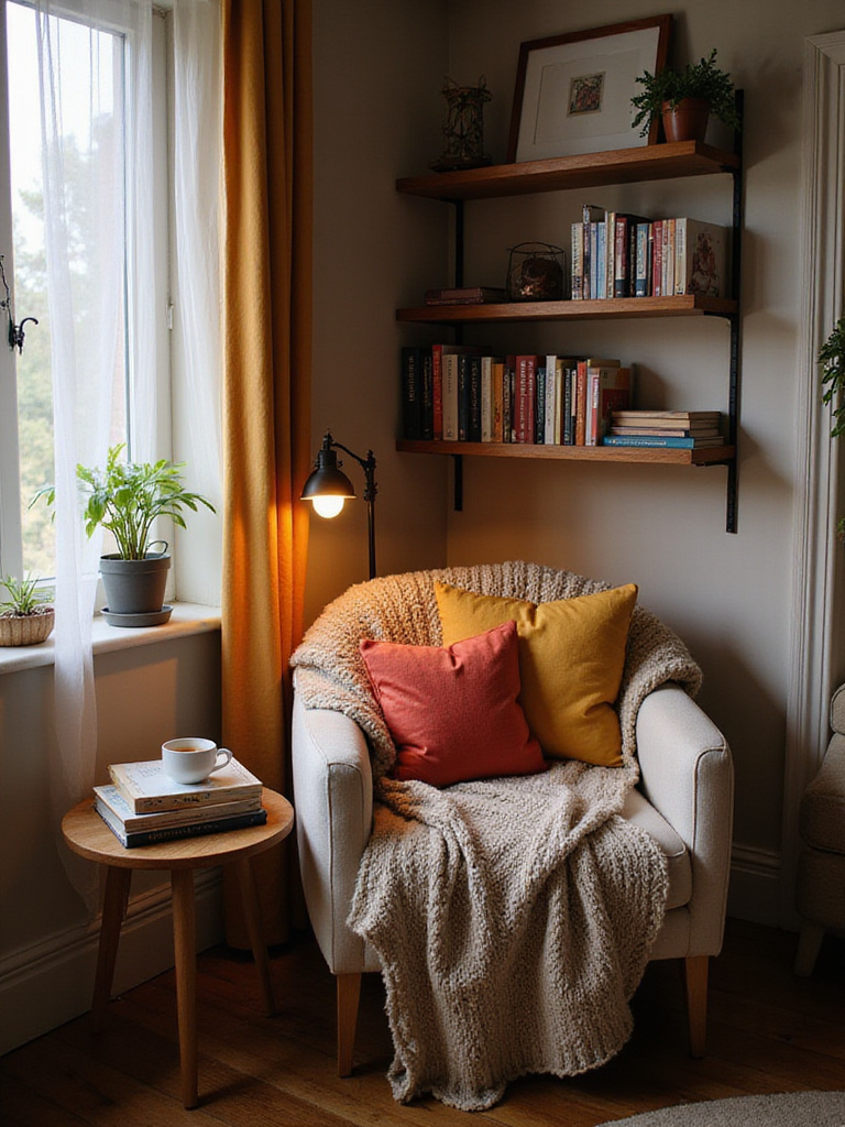 Cozy reading nook in a bedroom with armchair, throw blanket, pillows, and books.