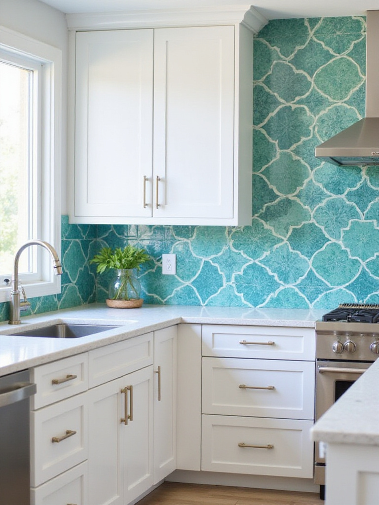 Turquoise Moroccan Zellige tile backsplash in a modern kitchen
