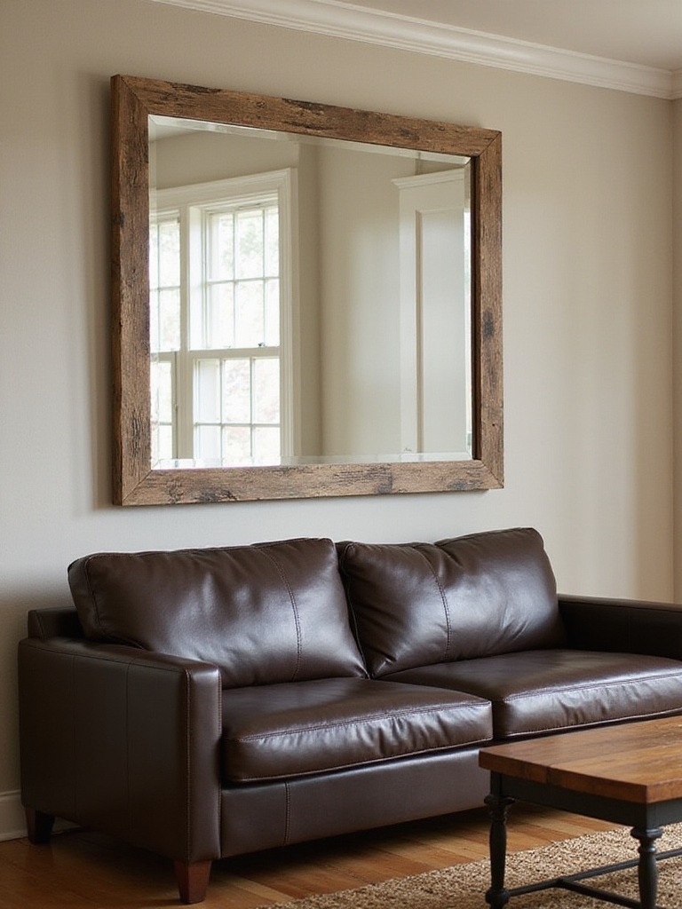 Rustic living room with a large reclaimed wood framed mirror above a leather sofa, reflecting natural light.