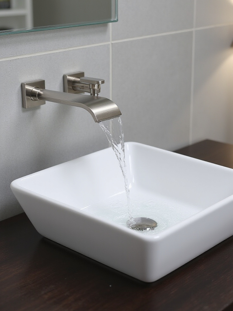 Modern bathroom with brushed nickel waterfall faucet and vessel sink