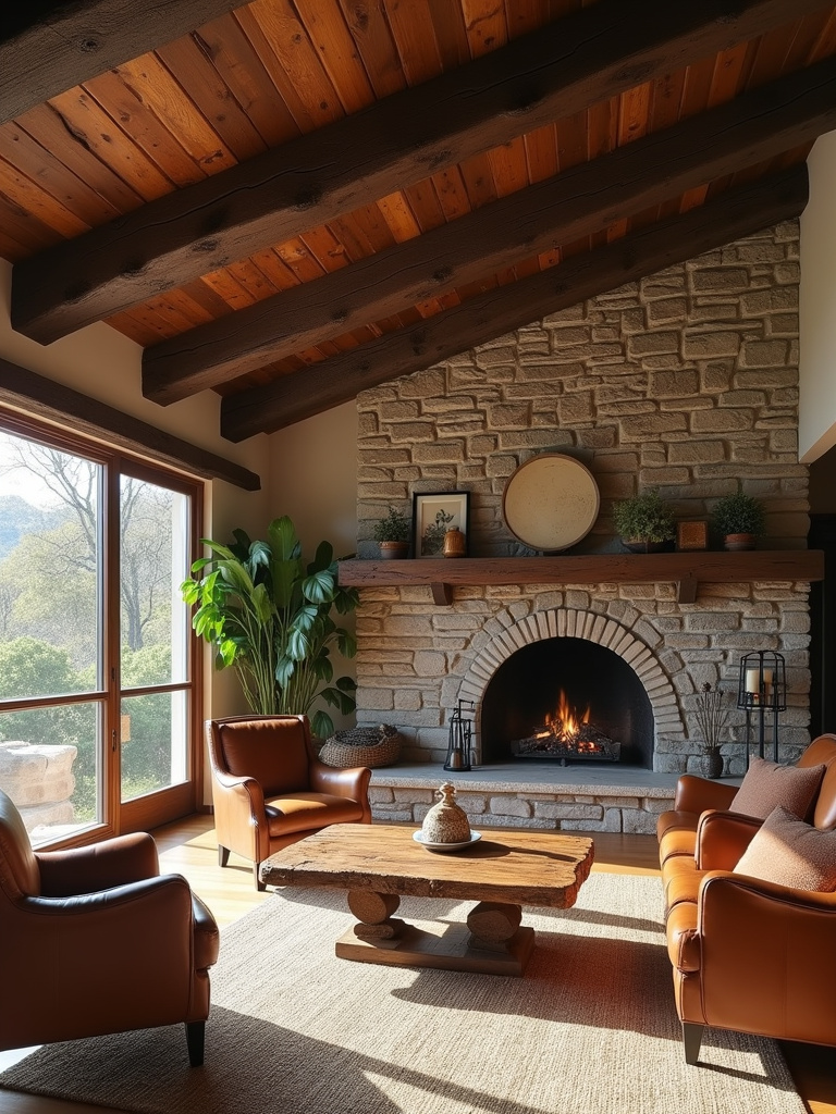 Rustic living room with exposed wooden beams on the ceiling.