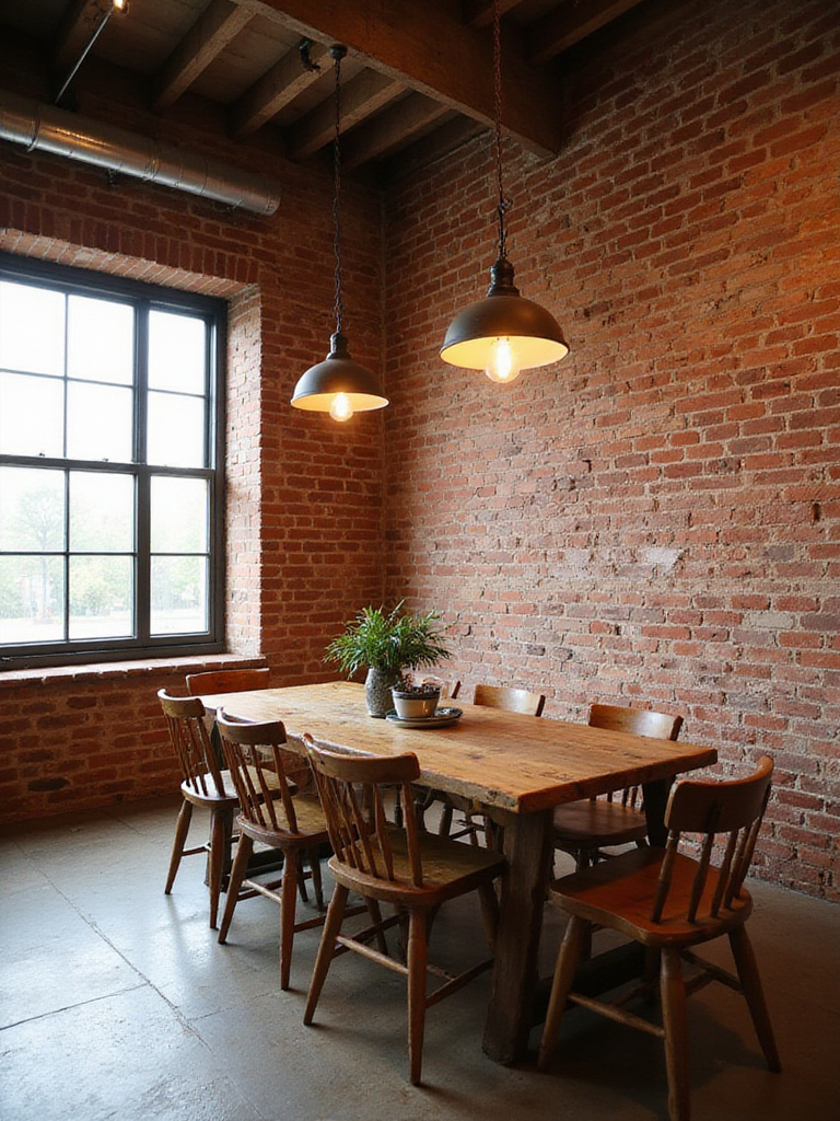 Rustic dining room with exposed brick wall and reclaimed wood table