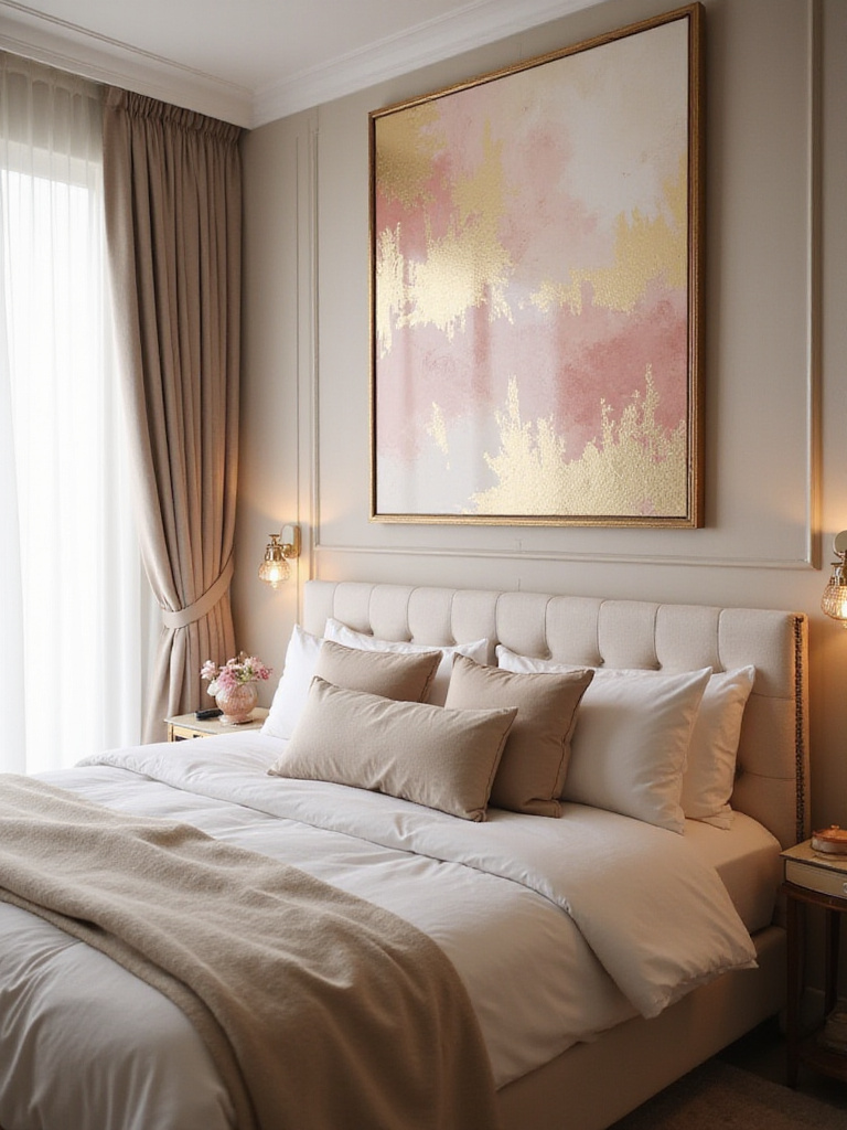 Romantic bedroom with abstract wall art above bed