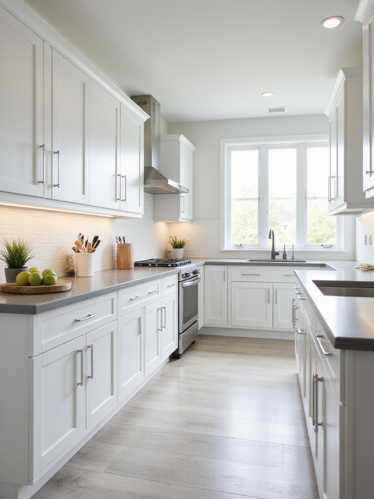 Modern kitchen with white cabinets extending to the ceiling, creating a grand and spacious feel