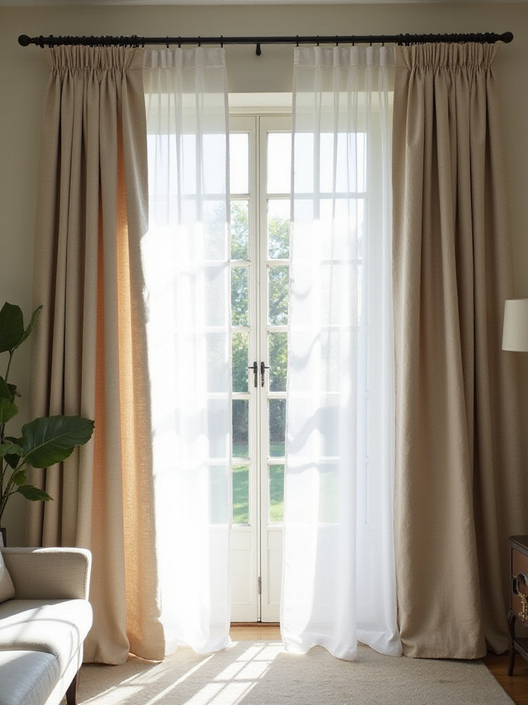 Layered living room curtains with sheer voile and textured linen for light control and privacy.