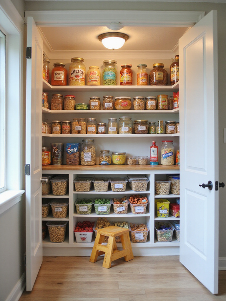 Well-organized pantry with clear containers and a child's step stool.
