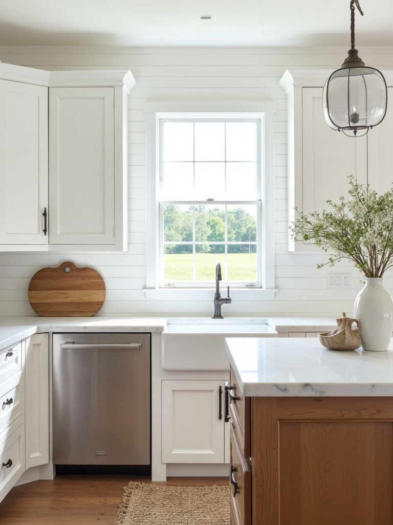 Farmhouse kitchen with white shaker cabinets and shiplap backsplash.
