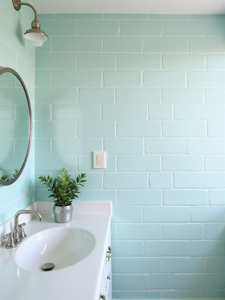 Bathroom featuring light teal faux subway tile wallpaper