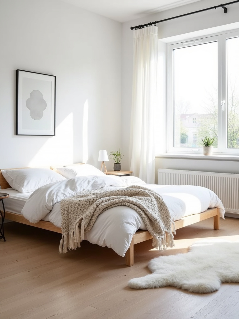 Scandinavian bedroom design with white linen bedding and natural light