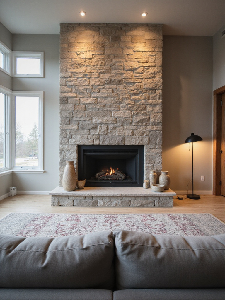 Modern living room with fireplace focal point