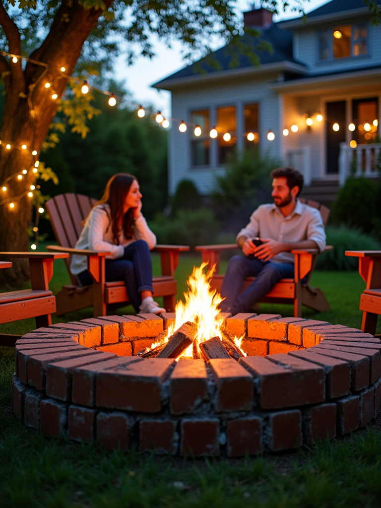 DIY brick fire pit in backyard at dusk with people enjoying the fire