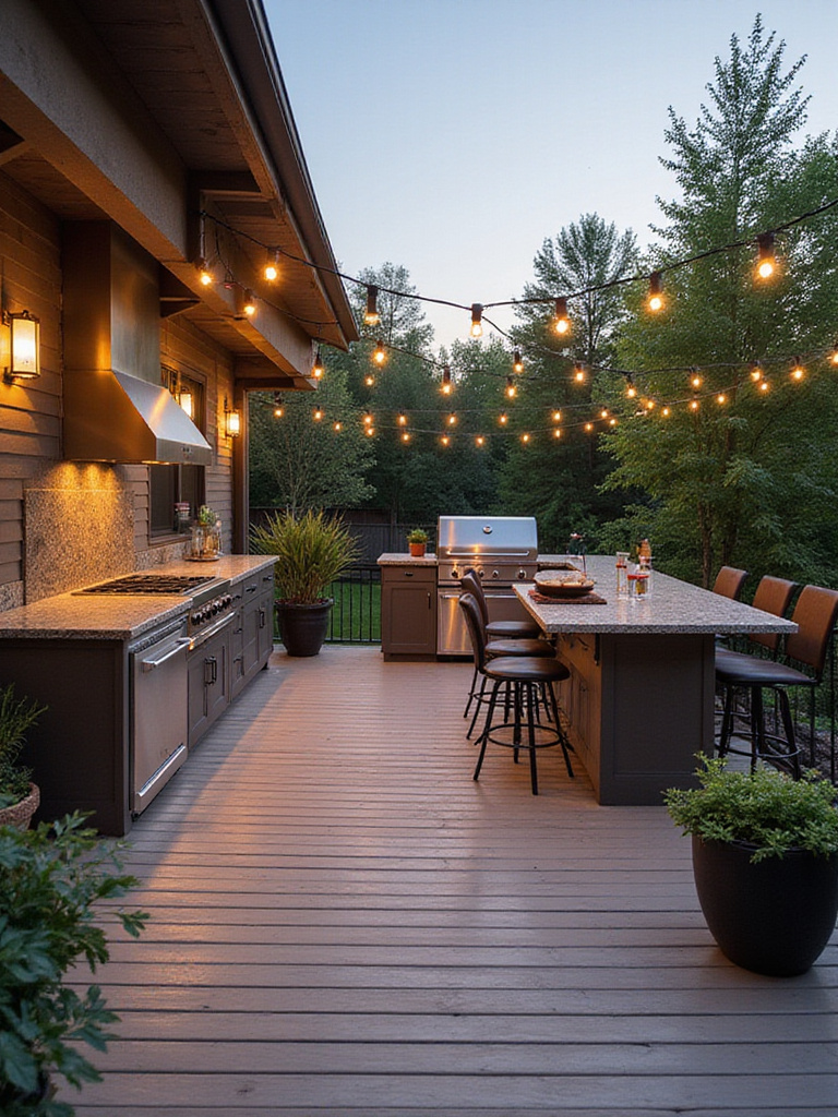 Modern deck with outdoor kitchen and built-in grill station.
