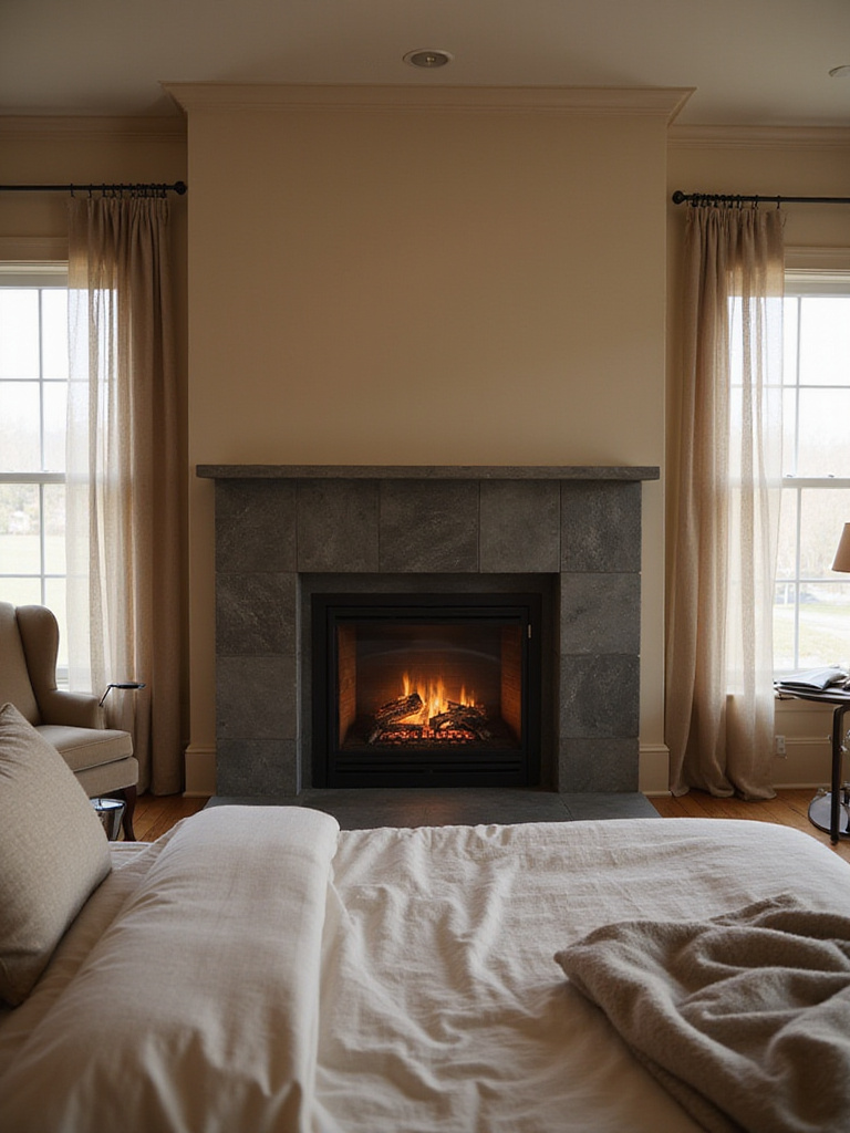 Cozy bedroom with a gas fireplace as a focal point.