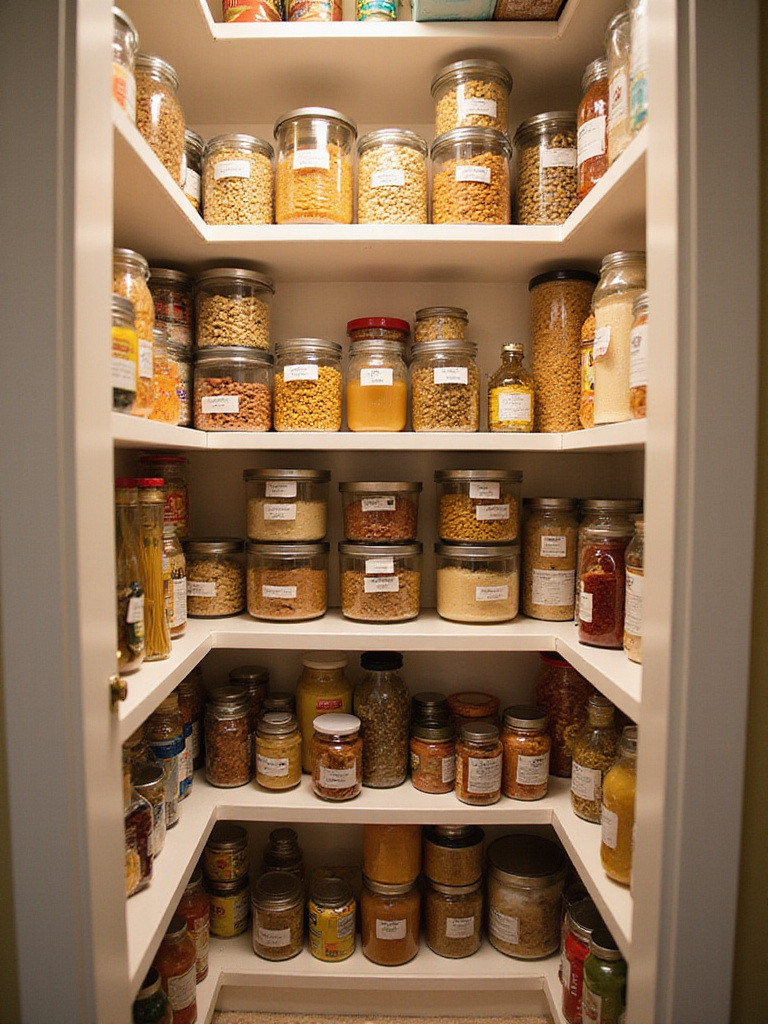 Organized pantry using the FIFO method with labeled containers.