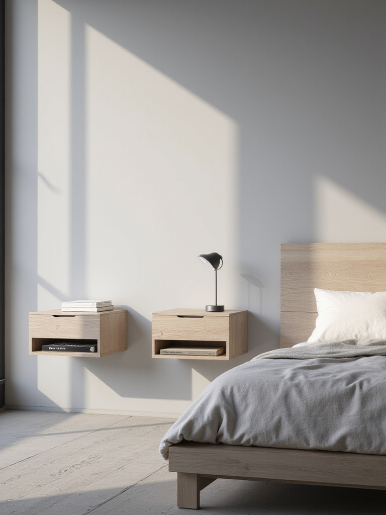 Modern bedroom with floating nightstands and platform bed.