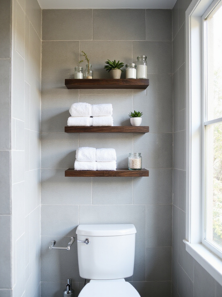 Modern bathroom with dark wood floating shelves displaying towels, plants, and decorative jars.