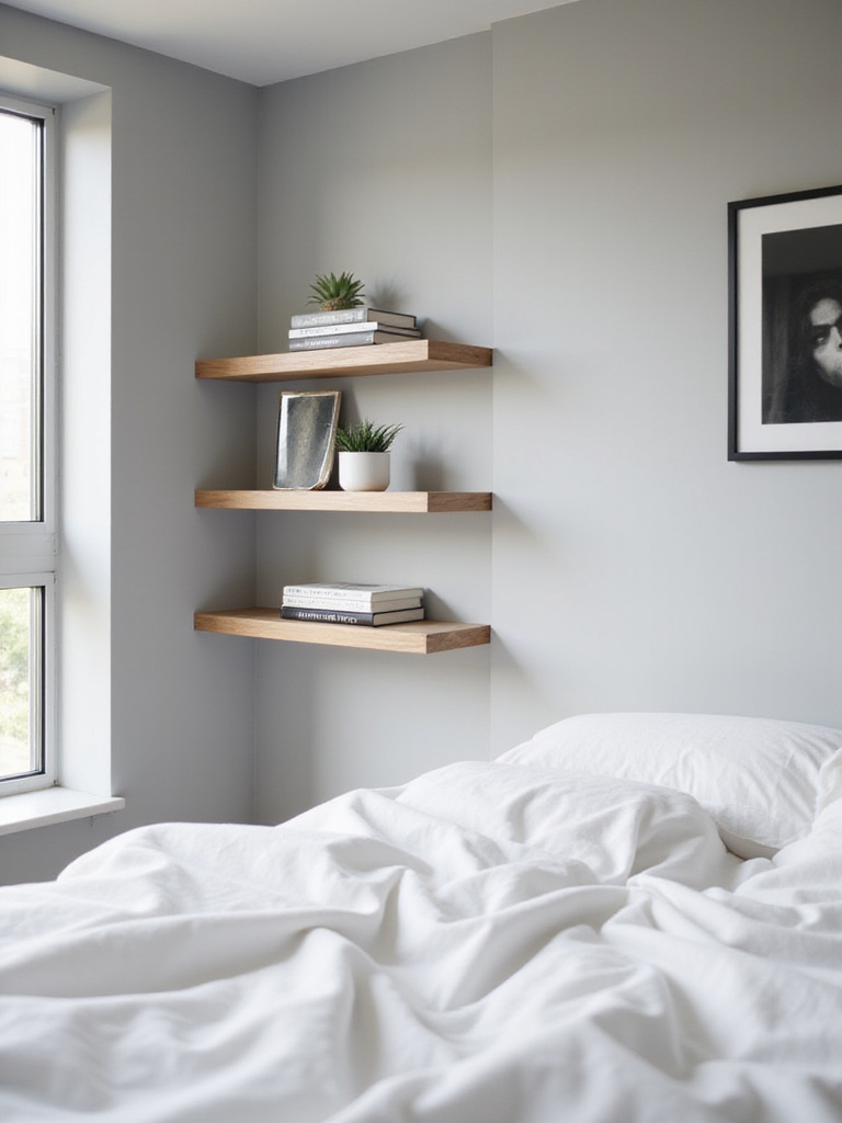 Modern bedroom featuring staggered light wood floating shelves displaying a succulent, books, and a framed photo.