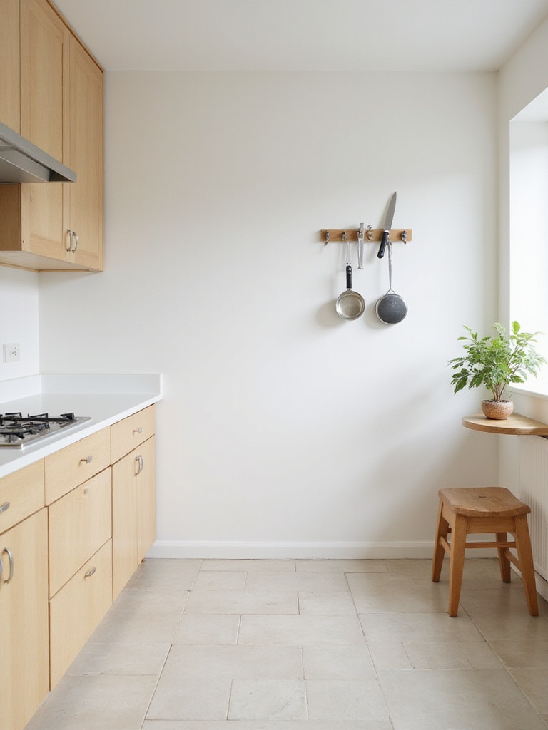Small kitchen with clear floor and wall-mounted storage solutions.