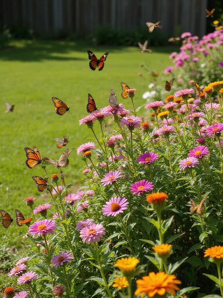 Lawn garden filled with colorful flowers attracting butterflies.