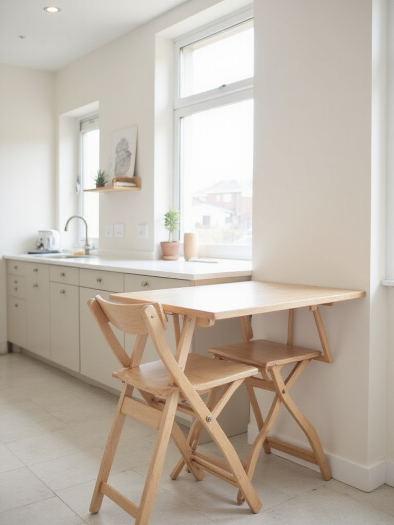 Small kitchen with foldable table and stools maximizing space.