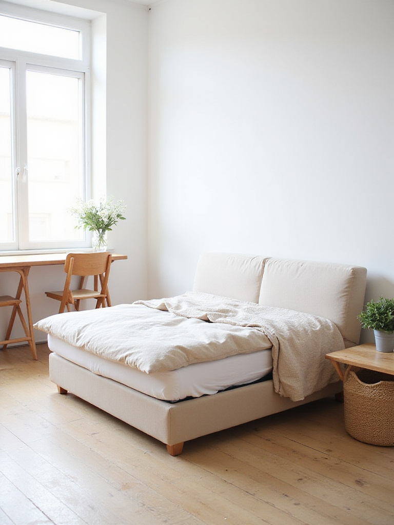 Apartment living room featuring foldable sofa bed, drop-leaf table, and folded chairs, maximizing space and flexibility.
