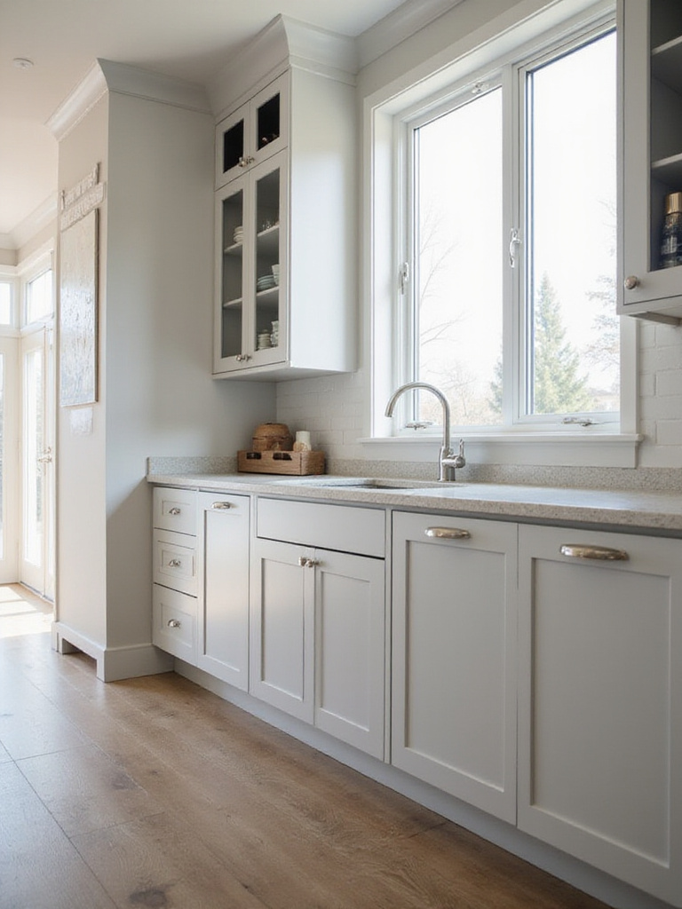 Modern kitchen with light gray shaker-style base cabinets and light quartz countertop.