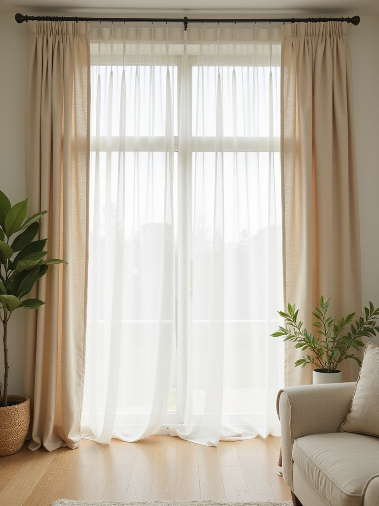 Living room with layered sheer and beige drapes framing the windows, enhancing natural light and privacy.