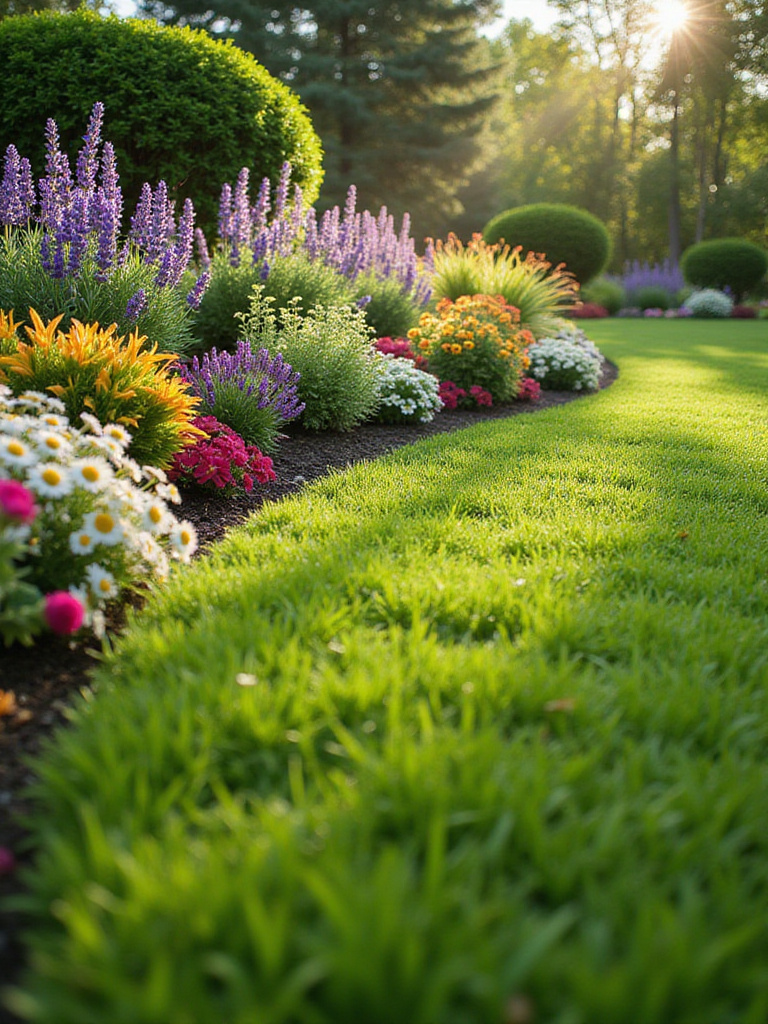 Lawn framed by a colorful flower bed border.
