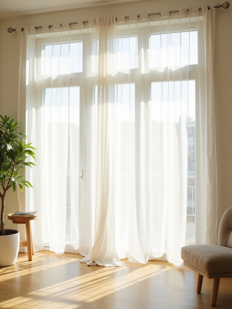 Light and airy white linen curtains in a modern apartment living room