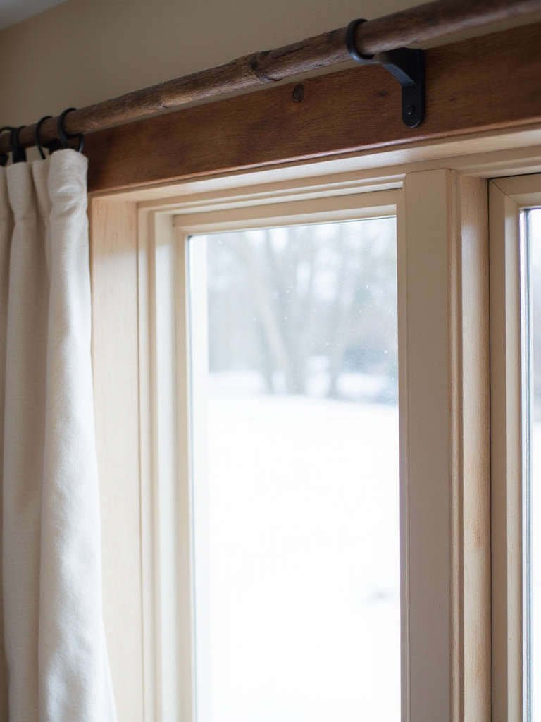Rustic living room window framed with a reclaimed wood curtain rod and wrought iron brackets.