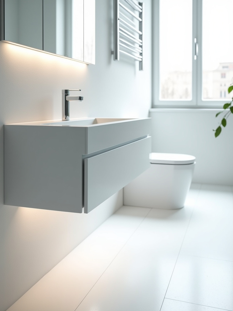 Minimalist bathroom with floating vanity and wall-mounted toilet, maximizing floor space.