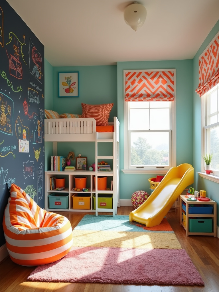 Kid-friendly bedroom design with chalkboard wall, reading nook, and loft bed